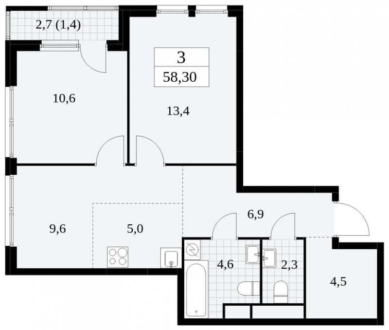 3-комнатная квартира (евро) с частичной отделкой, 58.3 м2, 26 этаж, сдача 2 квартал 2025 г., ЖК Южные сады, корпус 2.2 - объявление 1757651 - фото №1