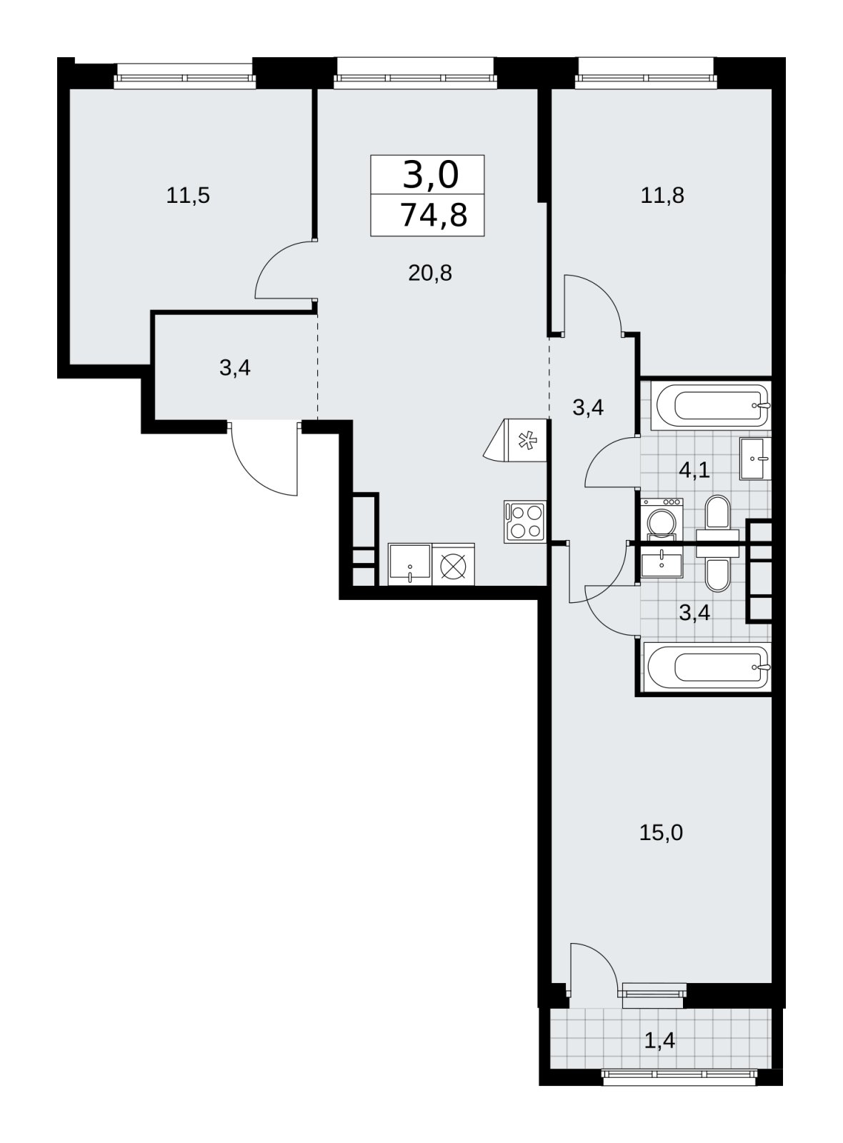3-комнатная квартира без отделки, 74.8 м2, 10 этаж, сдача 1 квартал 2026 г., ЖК Дзен-кварталы, корпус 3.2 - объявление 2241240 - фото №1