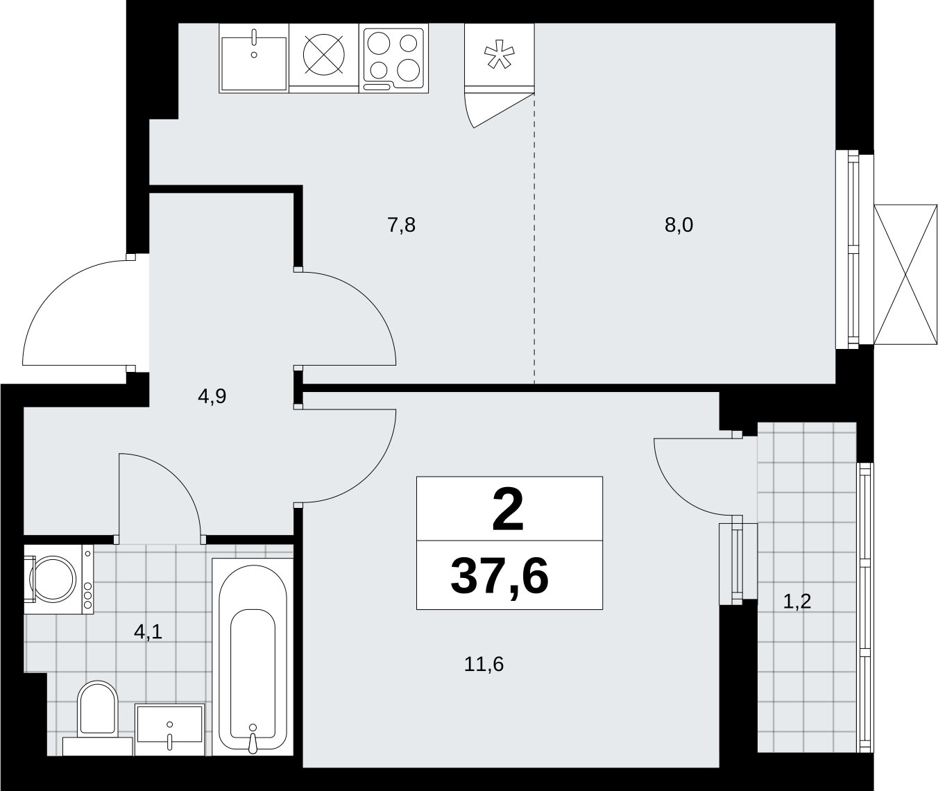 2-комнатная квартира (евро) без отделки, 37.6 м2, 3 этаж, сдача 2 квартал 2026 г., ЖК Дзен-кварталы, корпус 6.1.1 - объявление 2327033 - фото №1