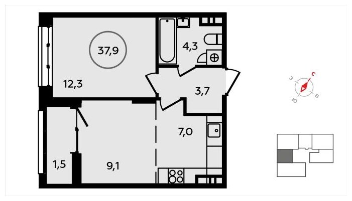 2-комнатная квартира (евро) без отделки, 37.9 м2, 4 этаж, сдача 3 квартал 2024 г., ЖК Скандинавия, корпус 22.2 - объявление 1625356 - фото №1