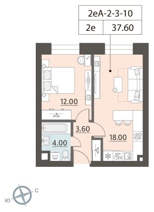 1-комнатная квартира без отделки, 37.6 м2, 10 этаж, сдача 4 квартал 2023 г., ЖК ЗИЛАРТ, корпус 15 - объявление 1947894 - фото №1
