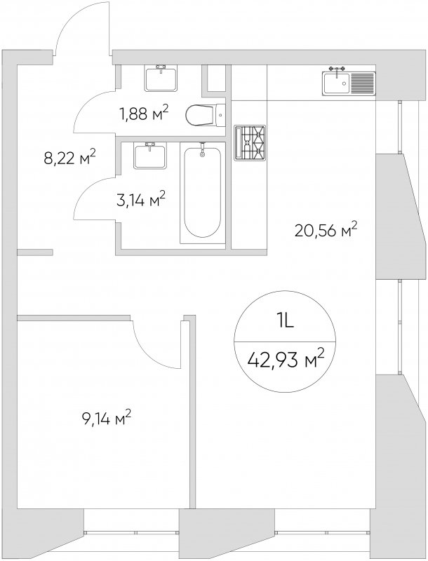 1-комнатные апартаменты без отделки, 42.94 м2, 4 этаж, сдача 1 квартал 2024 г., ЖК N'ICE LOFT, корпус 1 - объявление 1866537 - фото №1