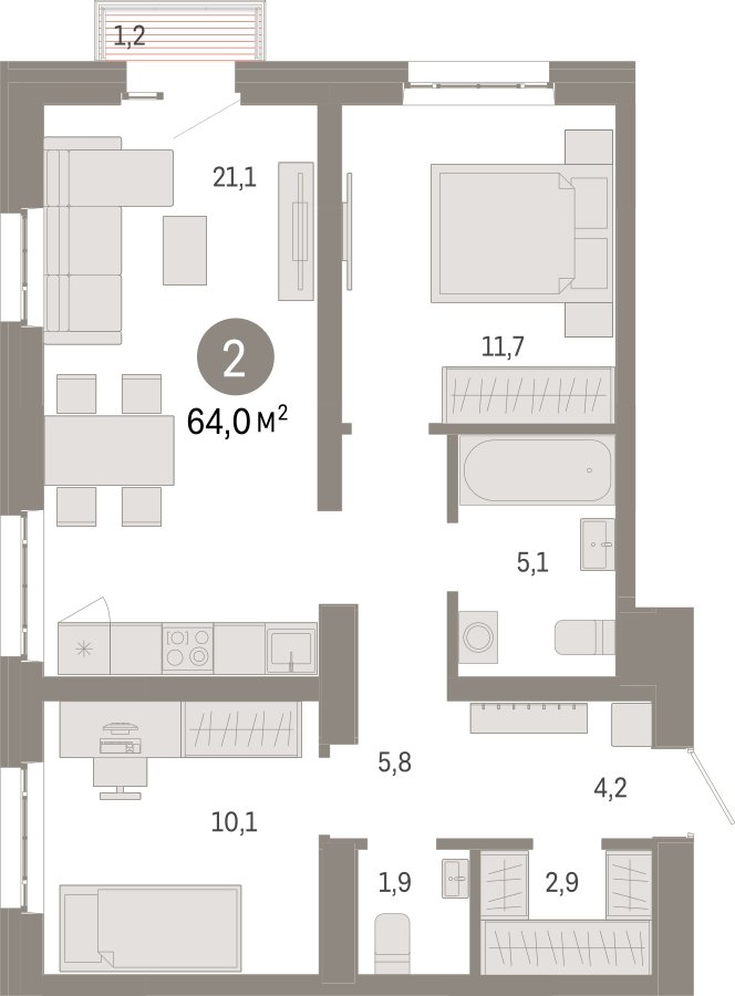 2-комнатная квартира 64 м2, 13 этаж, сдача 3 квартал 2026 г., ЖК Квартал Метроном, корпус 1 - объявление 2310786 - фото №1
