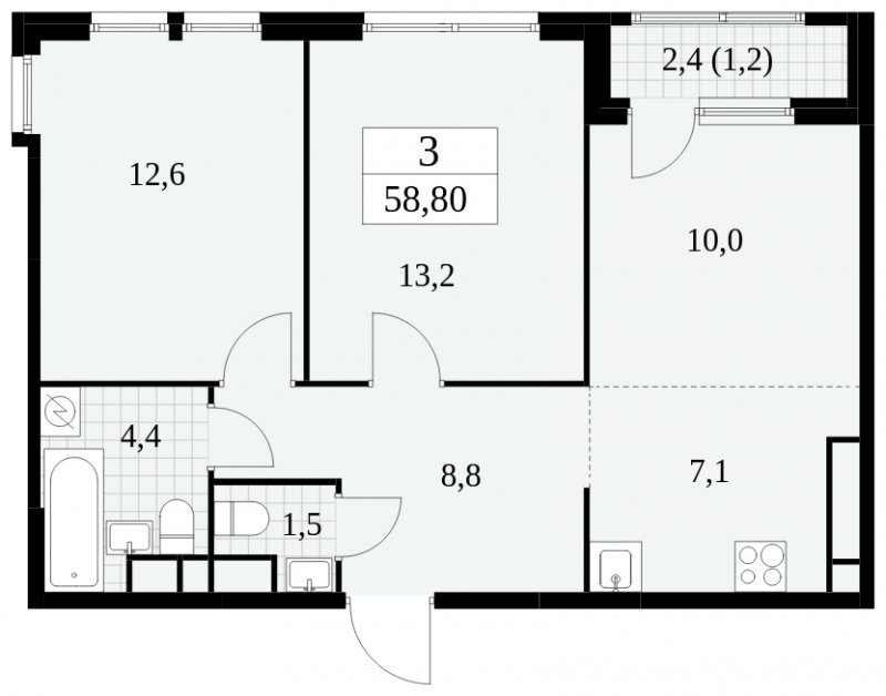3-комнатная квартира (евро) с частичной отделкой, 58.8 м2, 23 этаж, сдача 2 квартал 2025 г., ЖК Южные сады, корпус 2.2 - объявление 1757629 - фото №1