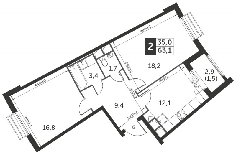 2-комнатная квартира без отделки, 63.1 м2, 4 этаж, сдача 3 квартал 2023 г., ЖК UP-квартал Римский, корпус 7 - объявление 1364232 - фото №1