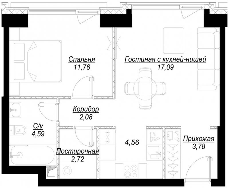1-комнатная квартира с частичной отделкой, 46.6 м2, 20 этаж, сдача 1 квартал 2023 г., ЖК Hide, корпус RiverSide - объявление 1756847 - фото №1