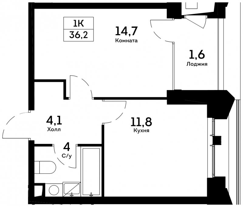 1-комнатная квартира 36.2 м2, 5 этаж, сдача 4 квартал 2022 г., ЖК Квартал на набережной NOW, корпус 2.2 - объявление 1685676 - фото №1