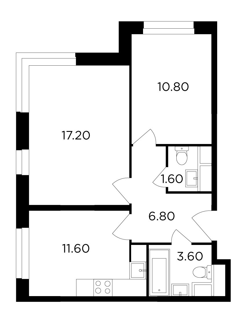 2-комнатная квартира без отделки, 51.6 м2, 12 этаж, дом сдан, ЖК Одинград. Квартал Семейный, корпус 2 - объявление 2009141 - фото №1