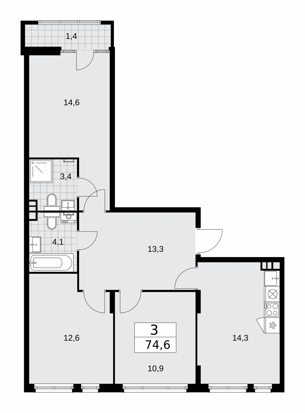 3-комнатная квартира без отделки, 74.6 м2, 4 этаж, сдача 1 квартал 2026 г., ЖК Деснаречье, корпус 4.2 - объявление 2263789 - фото №1