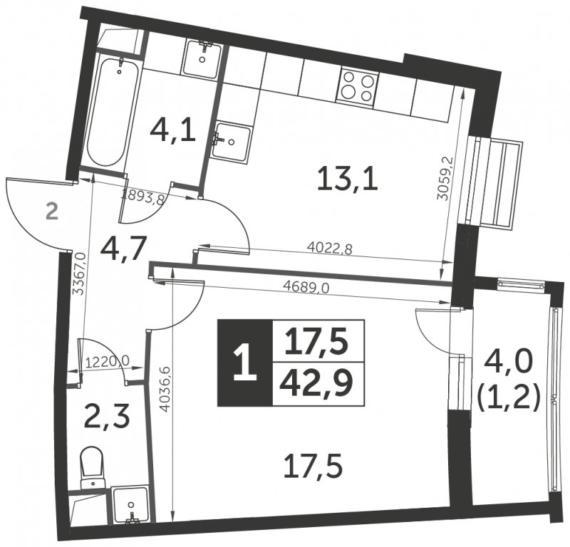 1-комнатная квартира с полной отделкой, 42.9 м2, 1 этаж, сдача 3 квартал 2023 г., ЖК UP-квартал Римский, корпус 7 - объявление 1331389 - фото №1