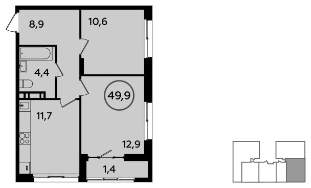 2-комнатная квартира без отделки, 49.9 м2, 13 этаж, сдача 1 квартал 2023 г., ЖК Прокшино, корпус 3.1 - объявление 1773382 - фото №1