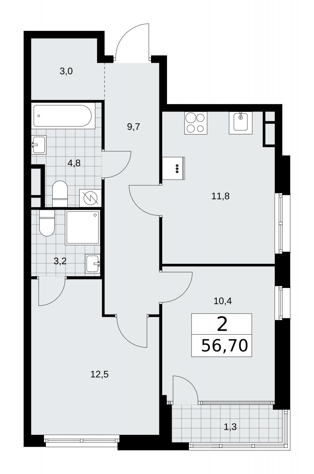 2-комнатная квартира с частичной отделкой, 56.7 м2, 13 этаж, сдача 1 квартал 2026 г., ЖК Дом на Зорге, корпус 25 - объявление 2221114 - фото №1