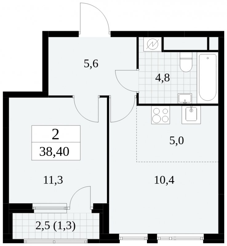 2-комнатная квартира (евро) без отделки, 38.4 м2, 22 этаж, сдача 2 квартал 2025 г., ЖК Южные сады, корпус 2.3 - объявление 1758385 - фото №1