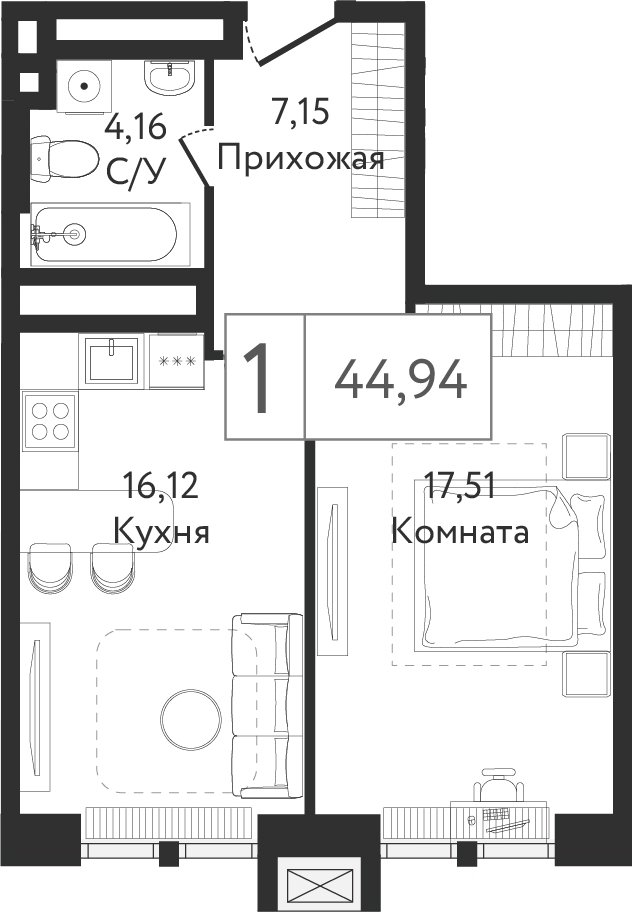 1-комнатная квартира без отделки, 44.94 м2, 3 этаж, сдача 3 квартал 2023 г., ЖК Dream Towers, корпус 1 - объявление 1800250 - фото №1