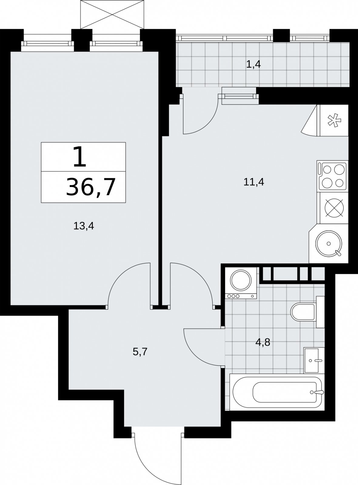 1-комнатная квартира с частичной отделкой, 36.7 м2, 6 этаж, сдача 2 квартал 2026 г., ЖК Бунинские кварталы, корпус 5.1 - объявление 2296926 - фото №1