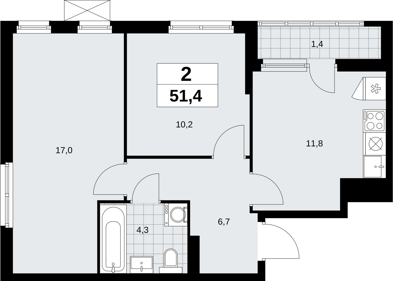 2-комнатная квартира с полной отделкой, 51.4 м2, 13 этаж, сдача 3 квартал 2026 г., ЖК Дзен-кварталы, корпус 6.1.3 - объявление 2327435 - фото №1