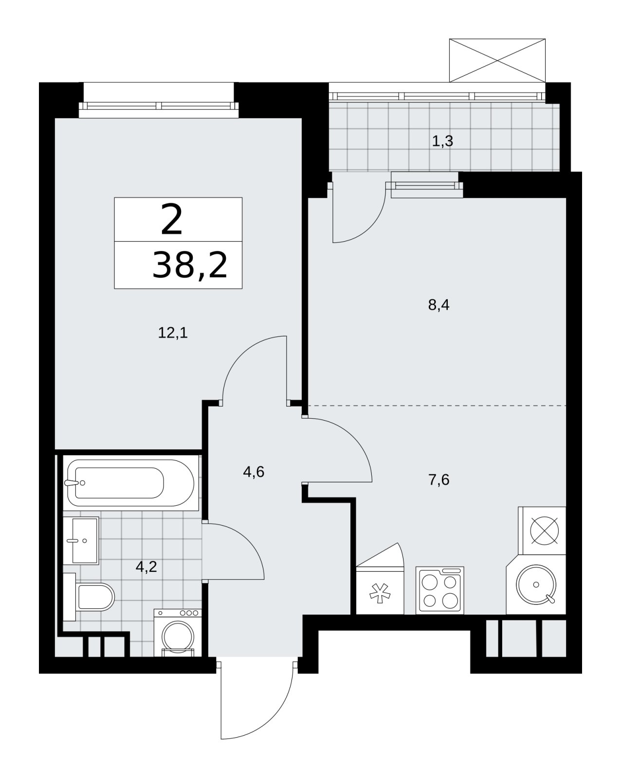 2-комнатная квартира (евро) без отделки, 38.2 м2, 5 этаж, сдача 2 квартал 2026 г., ЖК Скандинавия, корпус 25.5 - объявление 2283777 - фото №1