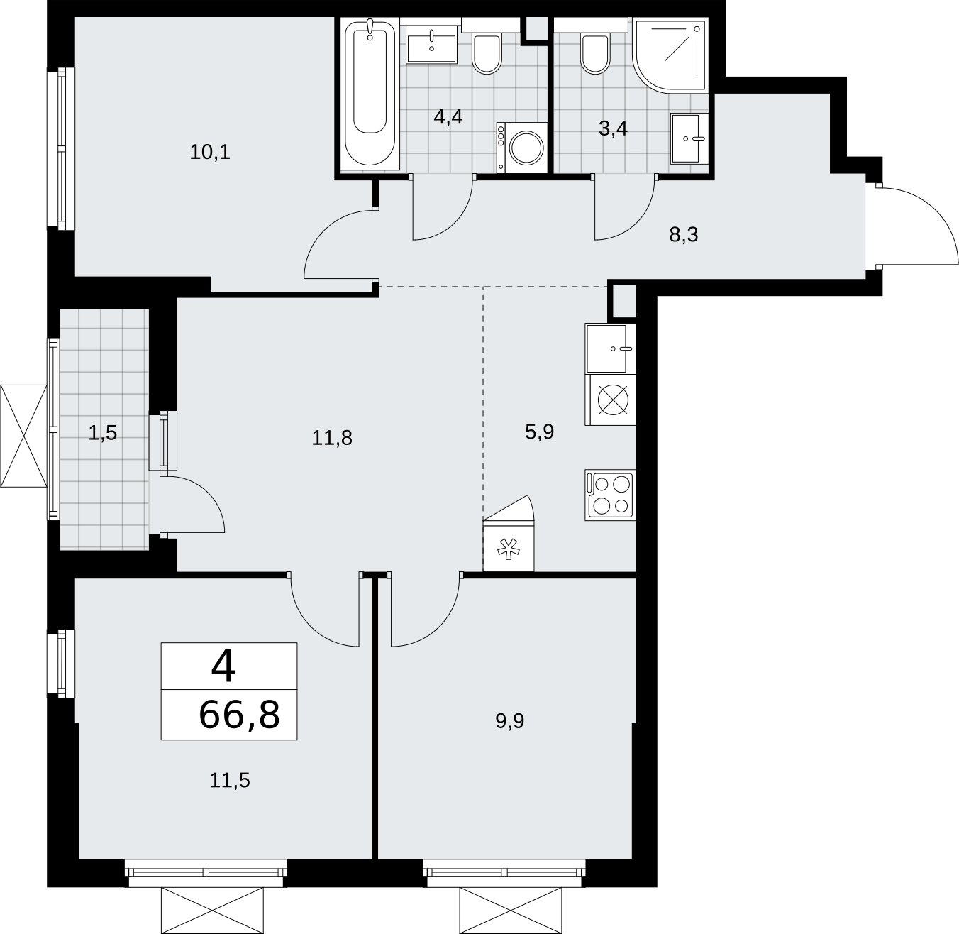 4-комнатная квартира (евро) с полной отделкой, 66.8 м2, 2 этаж, сдача 2 квартал 2026 г., ЖК Бунинские кварталы, корпус 7.2 - объявление 2319612 - фото №1