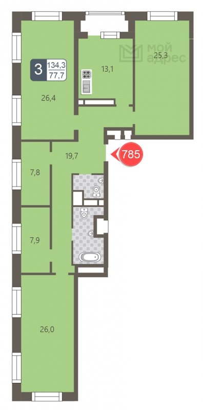3-комнатная квартира с частичной отделкой, 134.3 м2, 17 этаж, дом сдан, ЖК мой адрес На Береговом, корпус Южный квартал - объявление 1795434 - фото №1