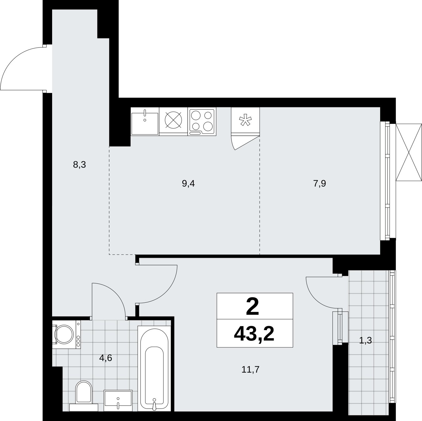 2-комнатная квартира (евро) с полной отделкой, 43.2 м2, 5 этаж, сдача 3 квартал 2026 г., ЖК Дзен-кварталы, корпус 6.1.3 - объявление 2327792 - фото №1