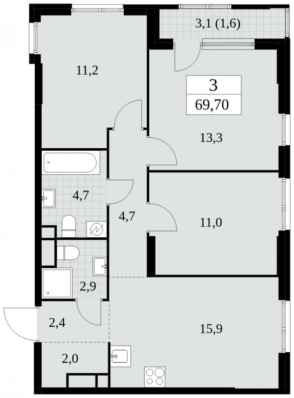 3-комнатная квартира с полной отделкой, 69.7 м2, 3 этаж, сдача 2 квартал 2025 г., ЖК Южные сады, корпус 2.2 - объявление 1757476 - фото №1