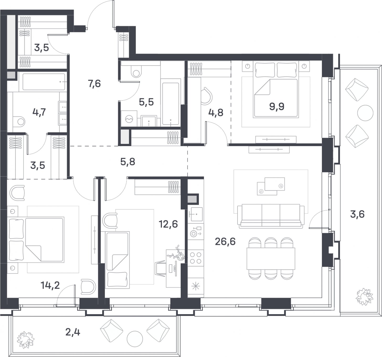 3-комнатная квартира 105.7 м2, 7 этаж, сдача 4 квартал 2025 г., ЖК Portland, корпус 4 - объявление 2310444 - фото №1