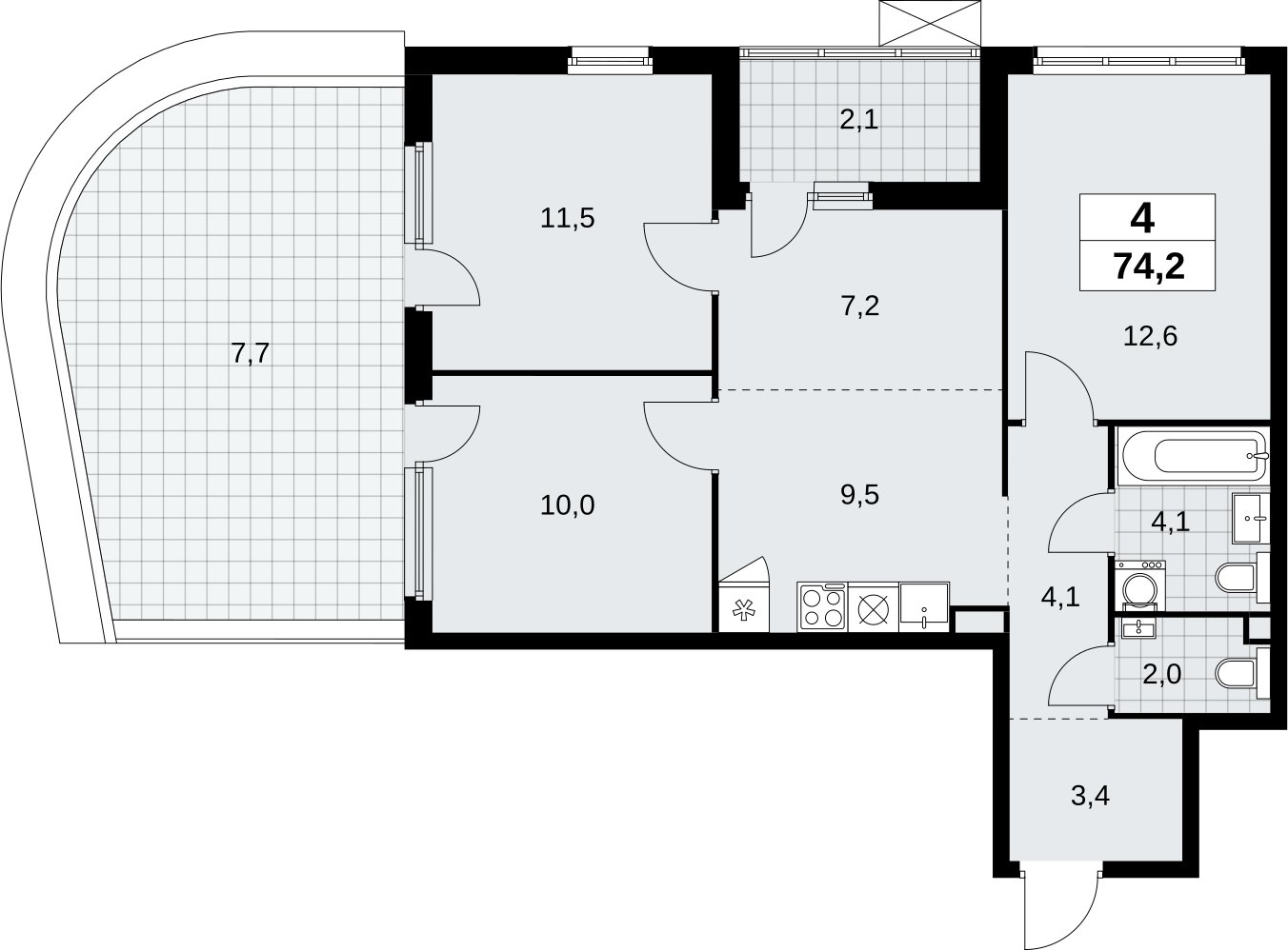4-комнатная квартира (евро) без отделки, 74.2 м2, 2 этаж, сдача 4 квартал 2026 г., ЖК Скандинавия, корпус 2.18.1.1 - объявление 2350568 - фото №1