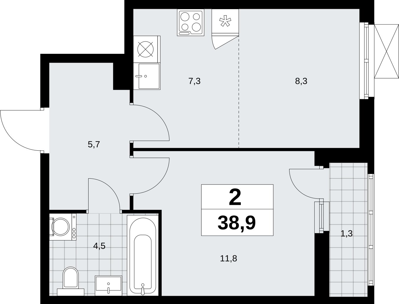 2-комнатная квартира (евро) с полной отделкой, 38.9 м2, 4 этаж, сдача 3 квартал 2026 г., ЖК Дзен-кварталы, корпус 6.1.3 - объявление 2327754 - фото №1