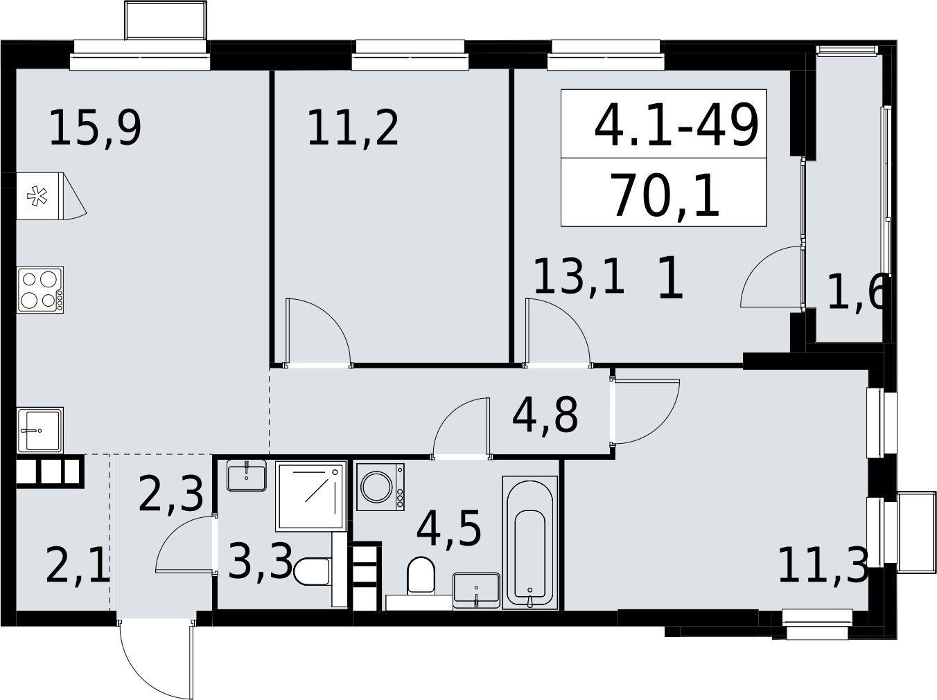 3-комнатная квартира с полной отделкой, 70.1 м2, 10 этаж, сдача 2 квартал 2027 г., ЖК Южные сады, корпус 4.1.1 - объявление 2392590 - фото №1