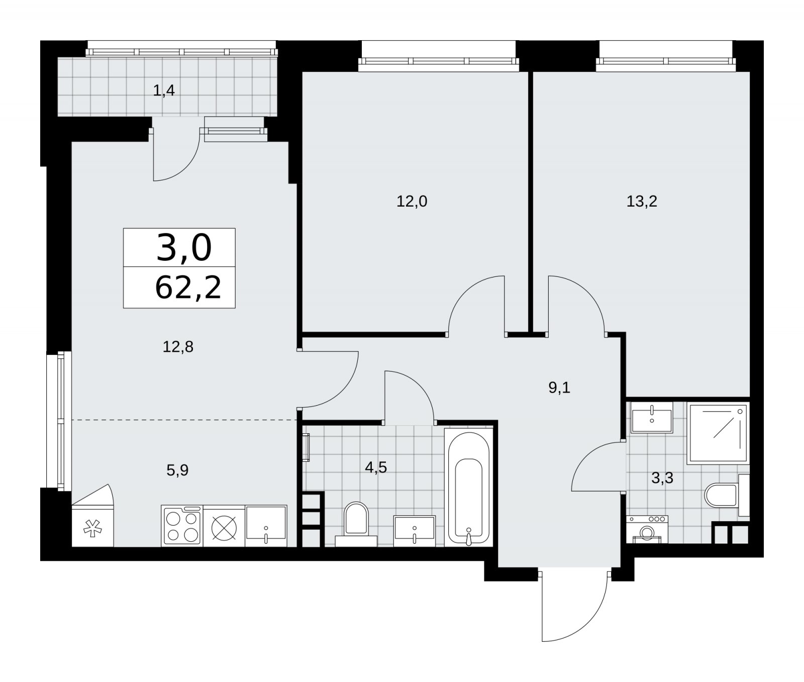 3-комнатная квартира (евро) с частичной отделкой, 62.2 м2, 3 этаж, сдача 2 квартал 2026 г., ЖК Дзен-кварталы, корпус 3.4 - объявление 2241812 - фото №1