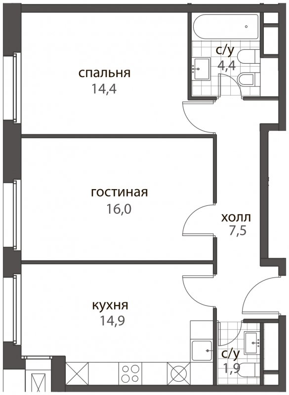 2-комнатная квартира без отделки, 59.1 м2, 9 этаж, дом сдан, ЖК HomeCity, корпус 2 - объявление 1704866 - фото №1
