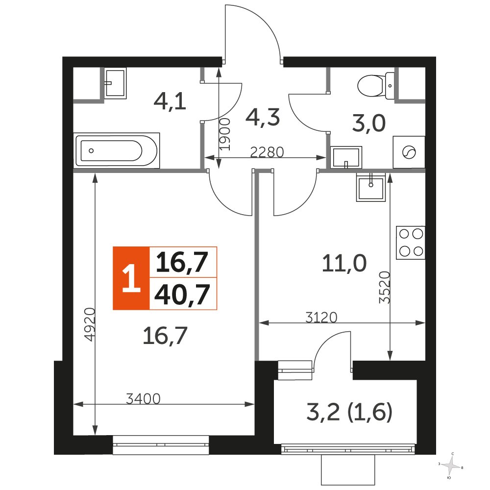 1-комнатная квартира с частичной отделкой, 40.7 м2, 2 этаж, дом сдан, ЖК UP-квартал Римский, корпус 7 - объявление 2359879 - фото №1