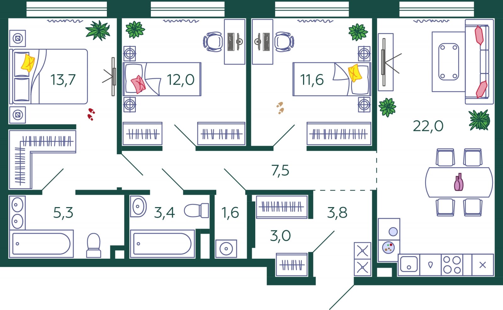 3-комнатная квартира без отделки, 83.9 м2, 2 этаж, сдача 4 квартал 2023 г., ЖК SHAGAL, корпус 1.2 - объявление 1981756 - фото №1