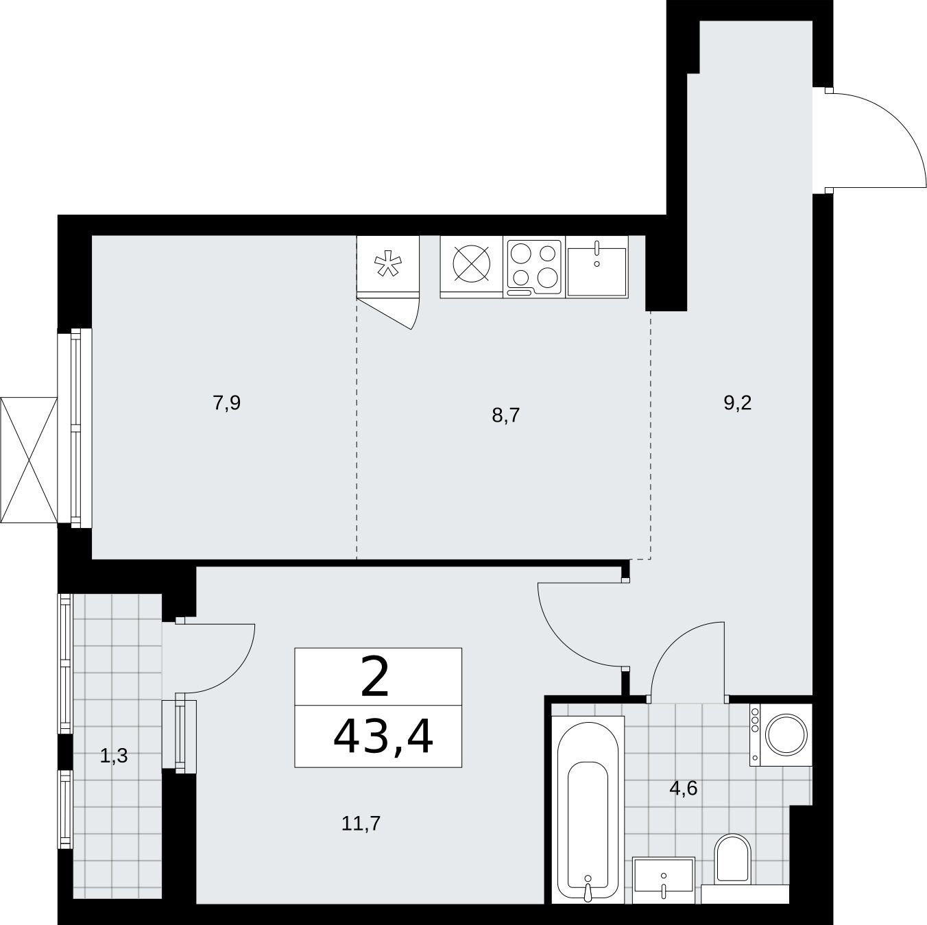 2-комнатная квартира (евро) без отделки, 43.4 м2, 3 этаж, сдача 2 квартал 2026 г., ЖК Бунинские кварталы, корпус 7.3 - объявление 2313840 - фото №1