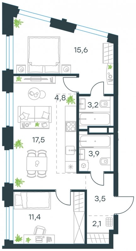 3-комнатная квартира с частичной отделкой, 62 м2, 15 этаж, сдача 4 квартал 2023 г., ЖК Level Нагатинская, корпус В - объявление 1667892 - фото №1