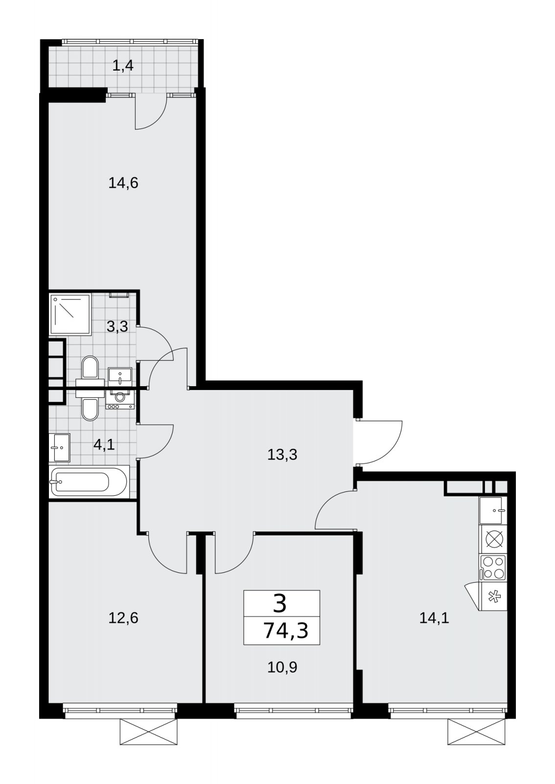 3-комнатная квартира с полной отделкой, 74.3 м2, 8 этаж, сдача 2 квартал 2026 г., ЖК Деснаречье, корпус 4.8 - объявление 2265118 - фото №1