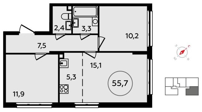 3-комнатная квартира (евро) без отделки, 55.7 м2, 2 этаж, сдача 4 квартал 2023 г., ЖК Скандинавия, корпус 2.15 - объявление 1517137 - фото №1