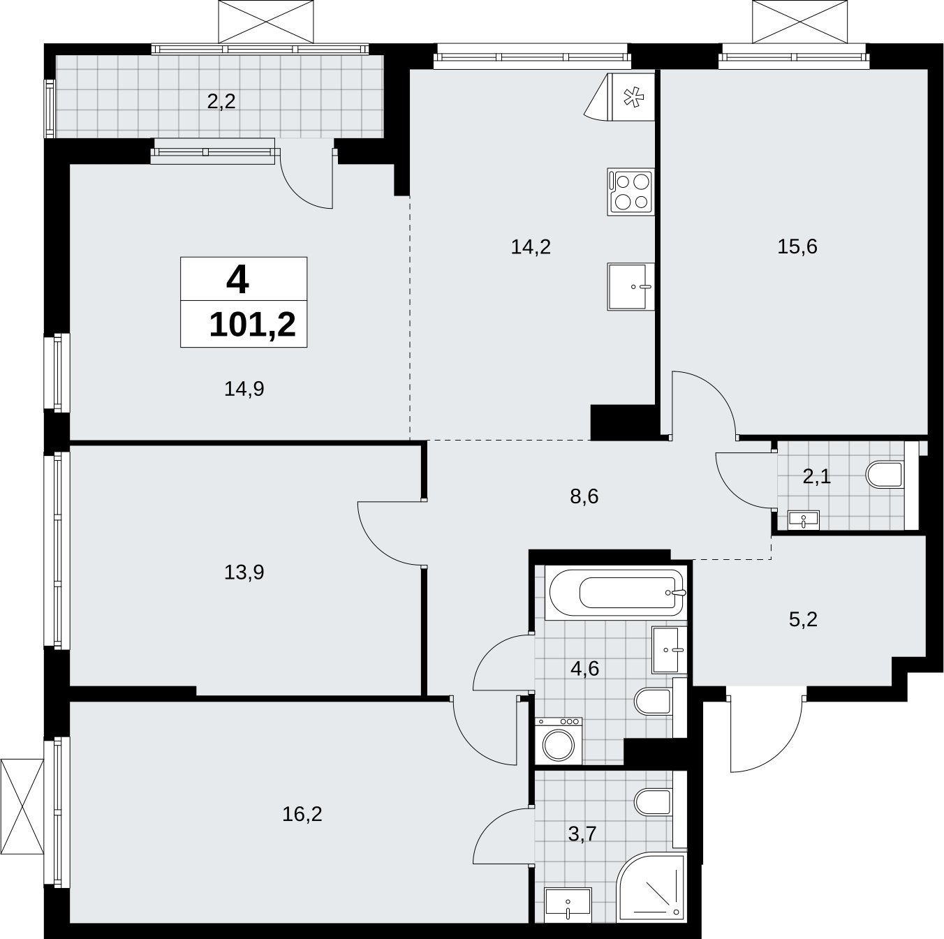 4-комнатная квартира (евро) без отделки, 101.2 м2, 16 этаж, сдача 2 квартал 2026 г., ЖК Бунинские кварталы, корпус 9.2 - объявление 2324275 - фото №1