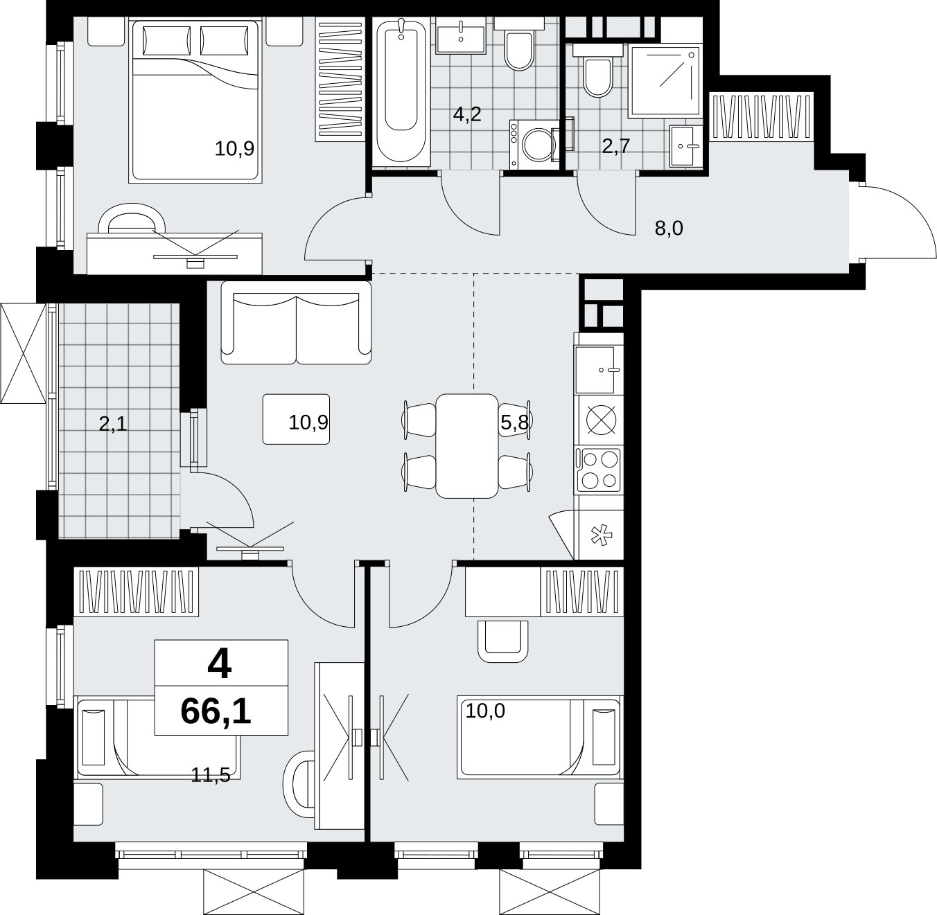 4-комнатная квартира (евро) без отделки, 66.1 м2, 16 этаж, сдача 4 квартал 2026 г., ЖК Скандинавия, корпус 2.18.2.6 - объявление 2351842 - фото №1