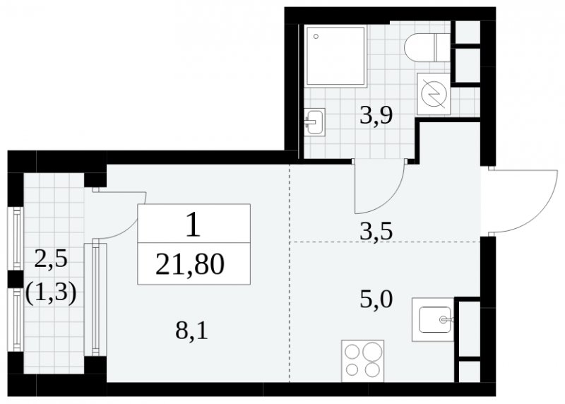 Студия с частичной отделкой, 21.8 м2, 5 этаж, сдача 2 квартал 2025 г., ЖК Южные сады, корпус 2.1 - объявление 1759949 - фото №1