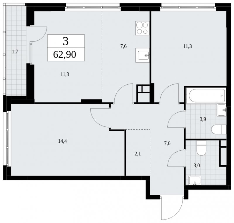 3-комнатная квартира (евро) с полной отделкой, 62.9 м2, 6 этаж, сдача 4 квартал 2024 г., ЖК Скандинавия, корпус 36.2.1 - объявление 1779844 - фото №1