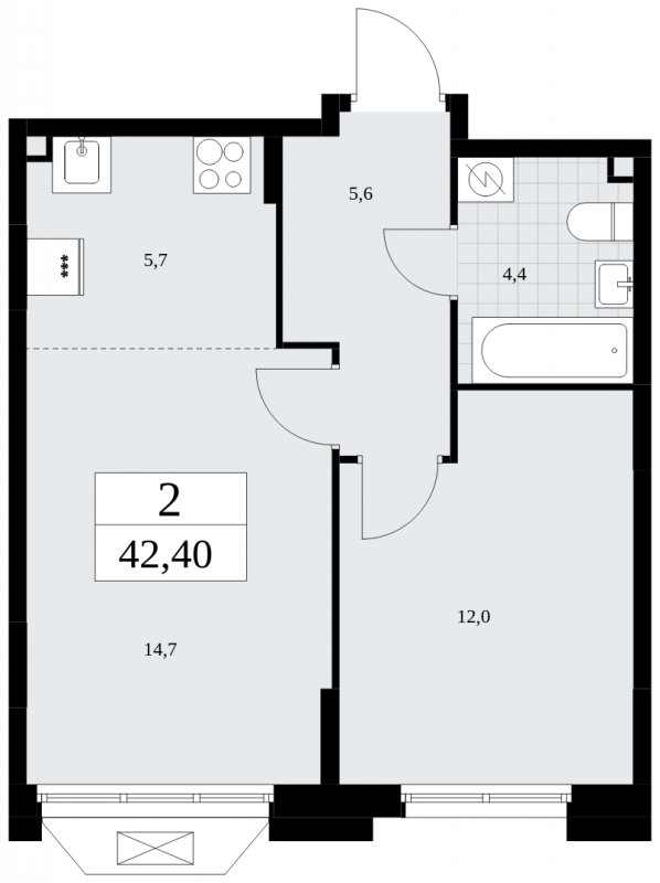 2-комнатная квартира (евро) без отделки, 42.4 м2, 2 этаж, сдача 1 квартал 2025 г., ЖК Бунинские кварталы, корпус 1.3 - объявление 1834633 - фото №1