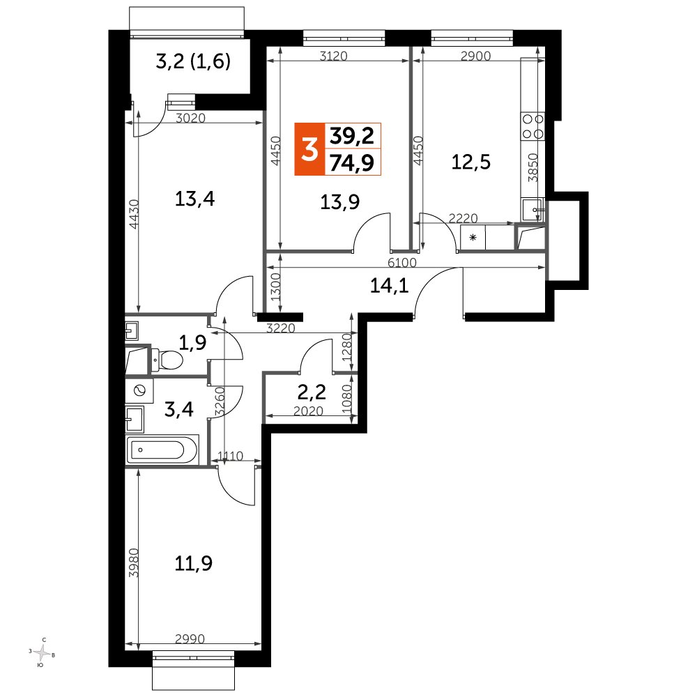 3-комнатная квартира с частичной отделкой, 76.5 м2, 2 этаж, дом сдан, ЖК UP-квартал Римский, корпус 7 - объявление 2355143 - фото №1