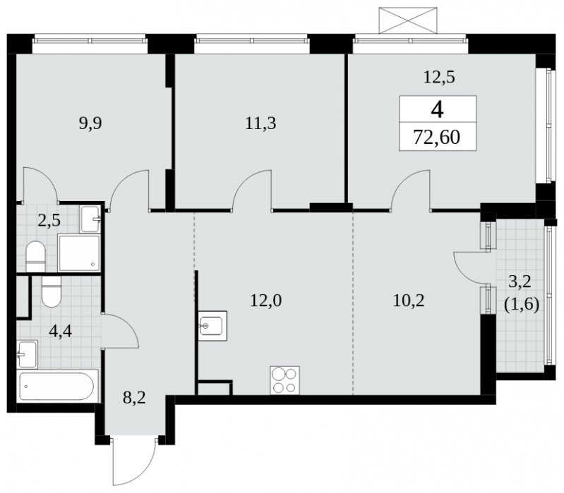 4-комнатная квартира (евро) без отделки, 72.6 м2, 3 этаж, сдача 2 квартал 2024 г., ЖК Прокшино, корпус 6.3 - объявление 1662921 - фото №1