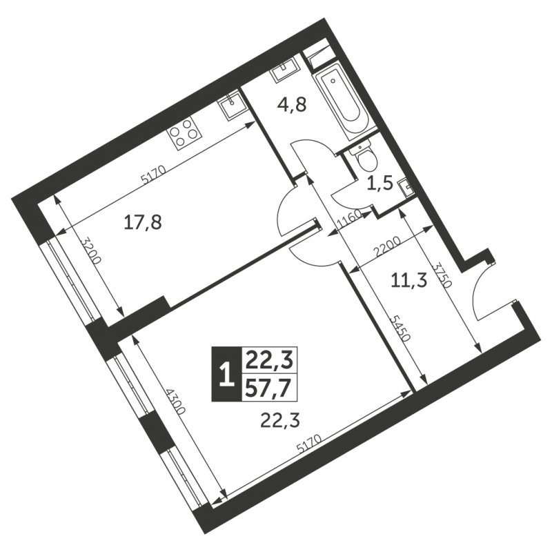 1-комнатная квартира без отделки, 57.7 м2, 43 этаж, сдача 4 квартал 2023 г., ЖК Архитектор, корпус 3 - объявление 1566093 - фото №1