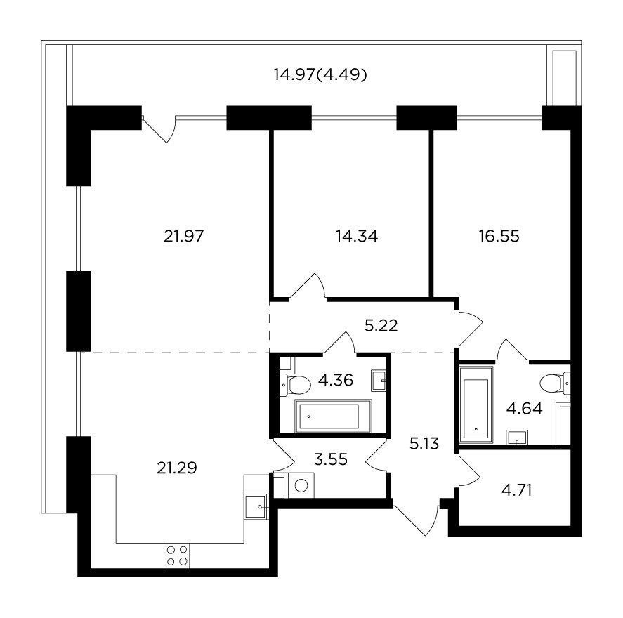 3-комнатная квартира без отделки, 106.45 м2, 2 этаж, сдача 4 квартал 2023 г., ЖК FORIVER, корпус 4 - объявление 2183226 - фото №1