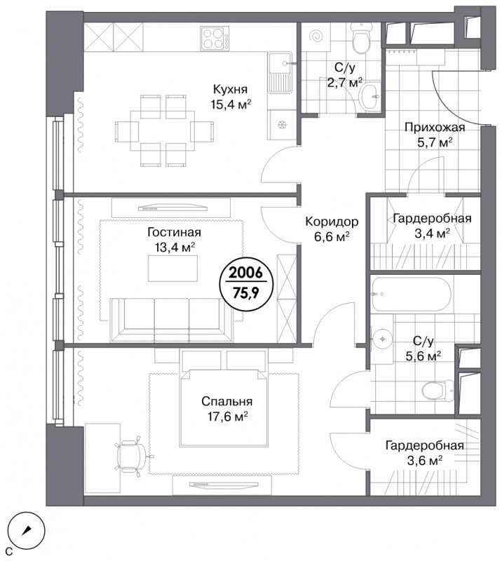 2-комнатные апартаменты 75.9 м2, 2 этаж, дом сдан, ЖК Match Point, корпус 1 - объявление 1696930 - фото №1