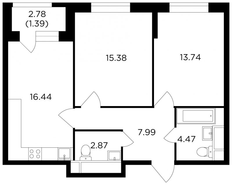 2-комнатная квартира без отделки, 62.28 м2, 3 этаж, сдача 2 квартал 2022 г., ЖК КутузовGRAD 2, корпус 5 - объявление 1716184 - фото №1