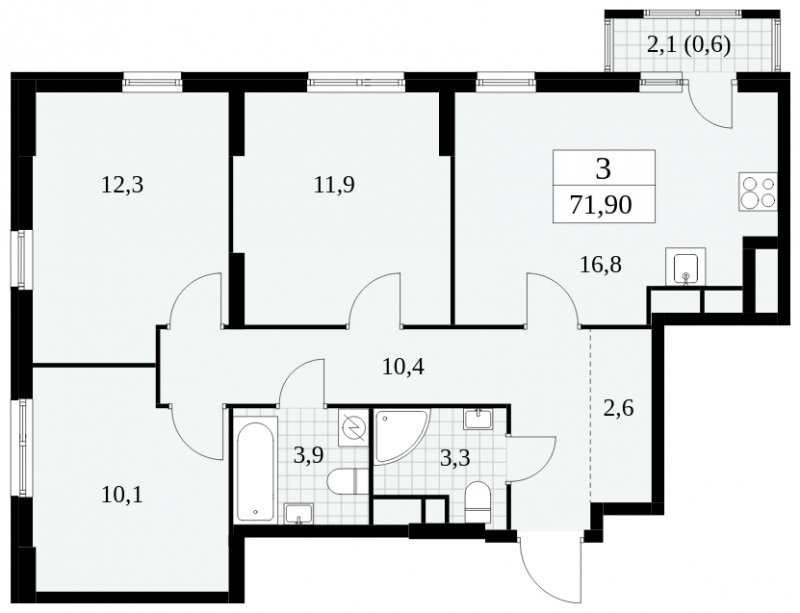 3-комнатная квартира без отделки, 71.9 м2, 3 этаж, сдача 2 квартал 2025 г., ЖК Южные сады, корпус 2.3 - объявление 1758299 - фото №1