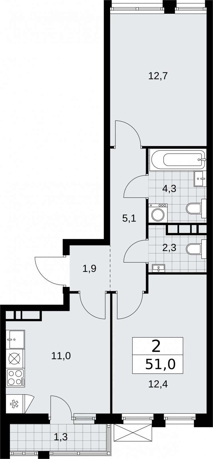2-комнатная квартира с частичной отделкой, 51 м2, 8 этаж, сдача 2 квартал 2026 г., ЖК Бунинские кварталы, корпус 5.1 - объявление 2296937 - фото №1